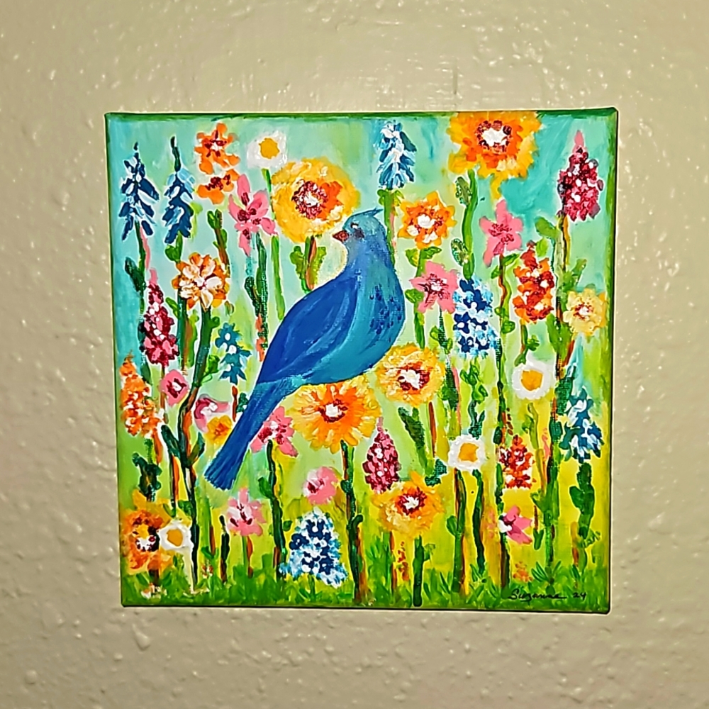 Original Art/ Acrylic On Canvas / 8in x8in / Bird The Meadow